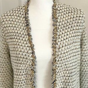CHICO'S Fringed Long Open Drape Cardigan Tunic Sweater Ivory, Navy & Gold Size 1
